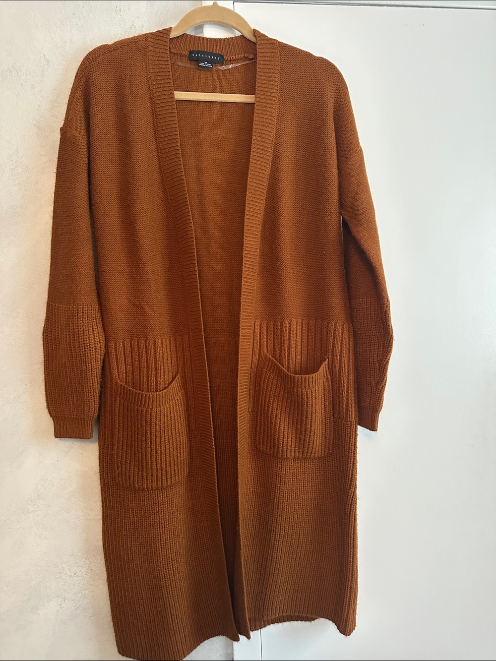 Sanctuary Open-Front Long Cardigan in Rust Brown